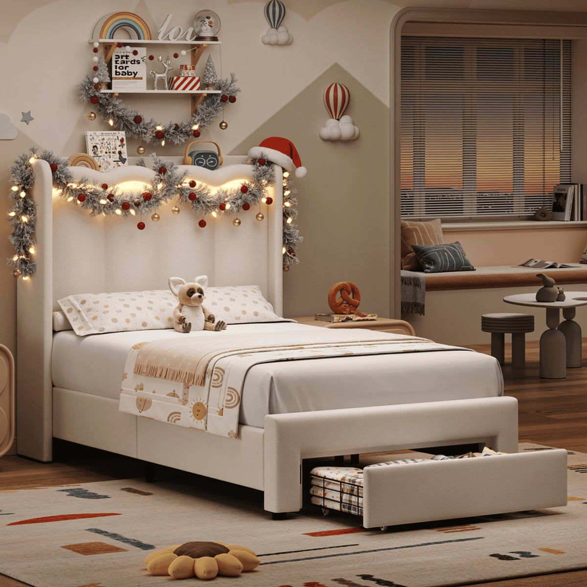 Twin Size Bed with Power Outlet &amp; LED, Upholstered Princess Beds with Drawer, Twin Beds with Headboard Storage, Beige