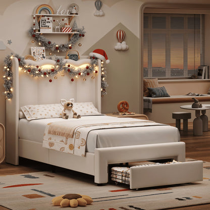 Twin Size Bed with Power Outlet &amp; LED, Upholstered Princess Beds with Drawer, Twin Beds with Headboard Storage, Beige