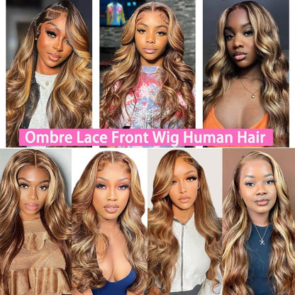 22 Inch 13X6 Lace Front Wigs Human Hair 200 Density P4/27 Highlight Ombre Body Wave HD Lace Front Wigs Human Hair Pre Plucked