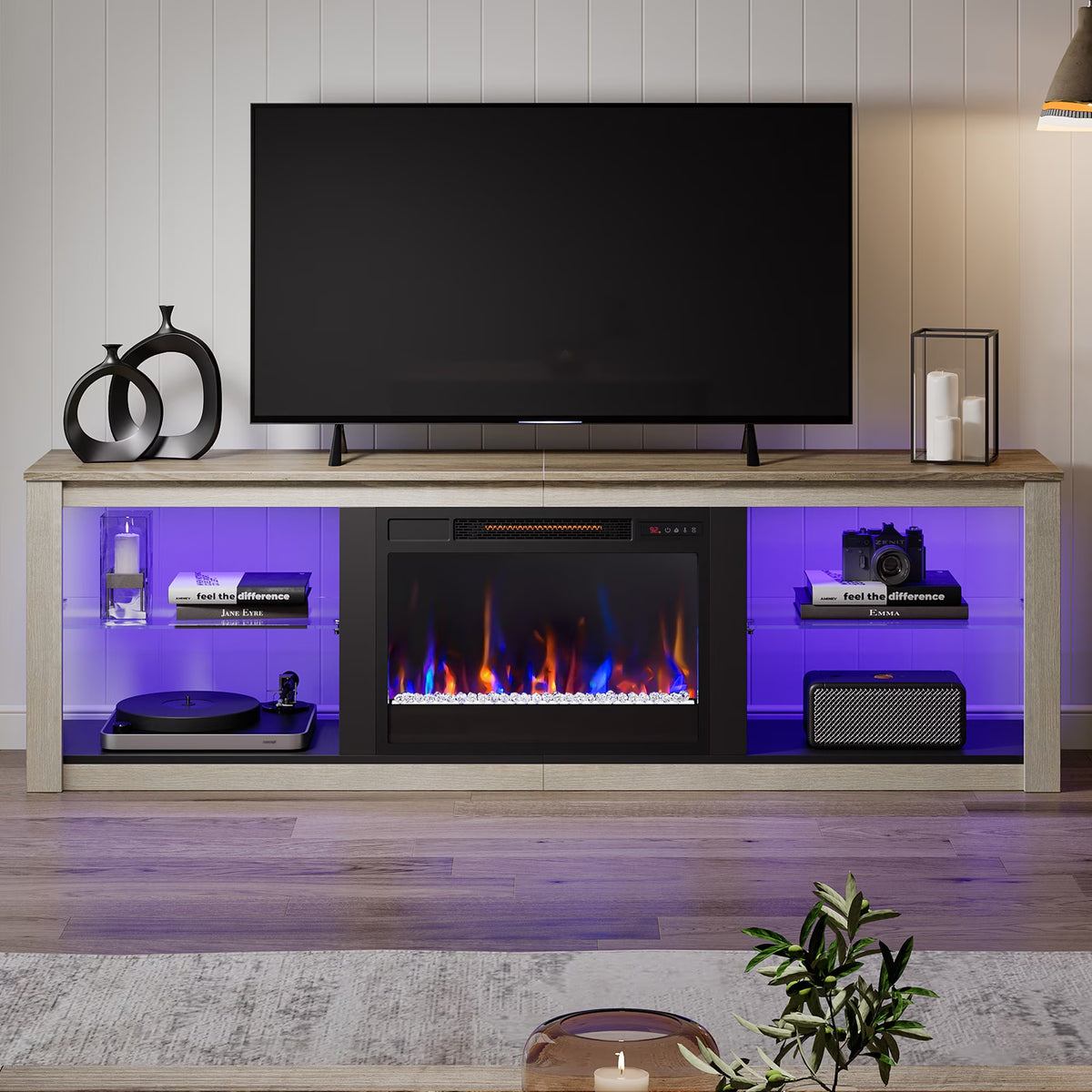 Electric Fireplace TV Stand for 75 Inch Tvs, Fireplace TV Stands for Living Room or Bedroom, LED Entertainment Center with Fireplace, RGB Ambient Lighting, Quick Assembly, Wash White