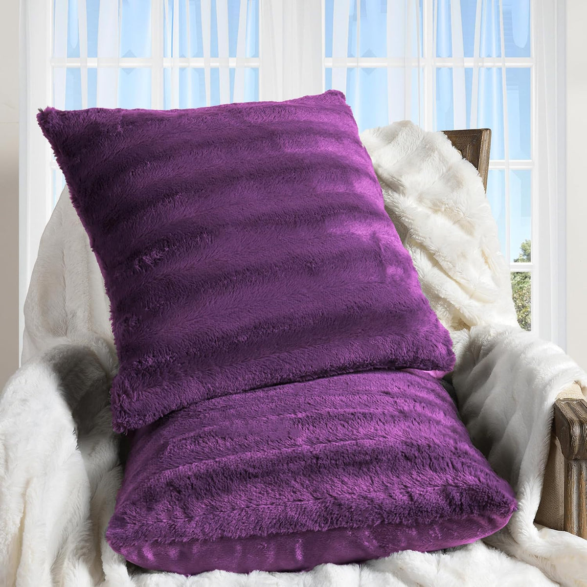 Faux Fur Throw Pillows - Decorative Pillows for Couch, Bed Throw Pillows, Purple Accent Pillows for Bedroom or Living Room Aesthetic, Set of 2 Furry Throw Pillows, 18”X18”