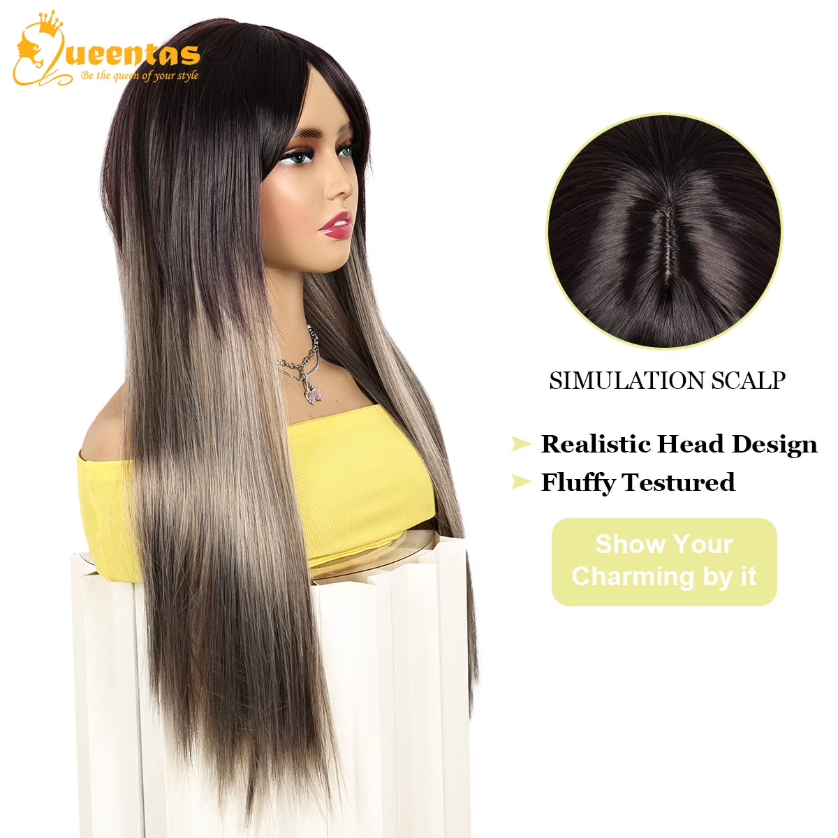 26" Grey Wigs for Women Synthetic Grey Wigs with Dark Root Straight Long Wigs with Bangs Glueless Wigs Purple Mix Grey