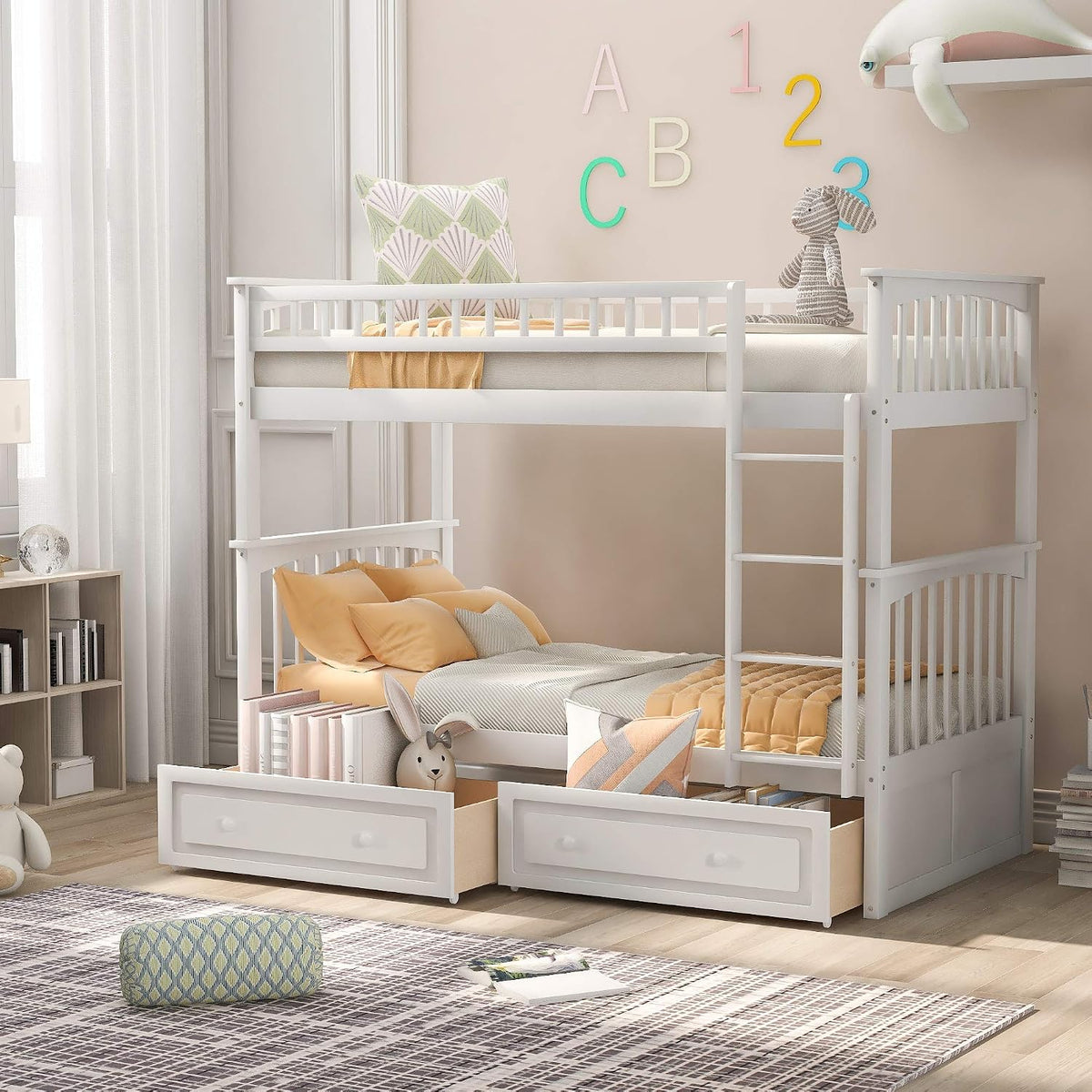 Boden Twin over Twin Bunk Bed with Drawers, Twin Bunk Beds, Convertible Platform Beds, Wooden Beds Frame with Storage Drawers, No Box Spring Needed, Space Saving for Small Apartment, White