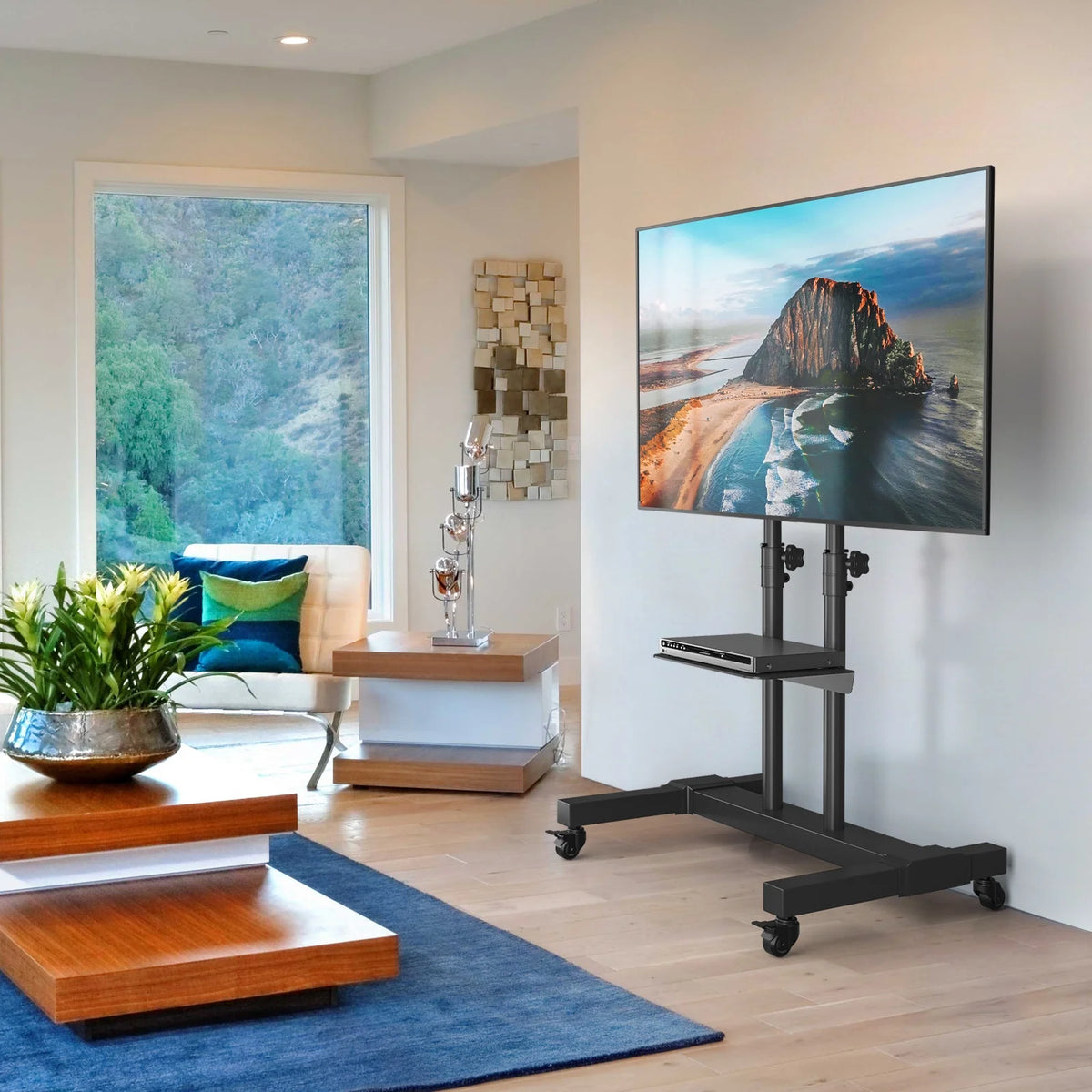 Rolling TV Cart Stand with Wheels for 32 to 83 Inch Screens, Adjustable Height Mobile TV Mount Rack Portable Floor Stand for Bedroom
