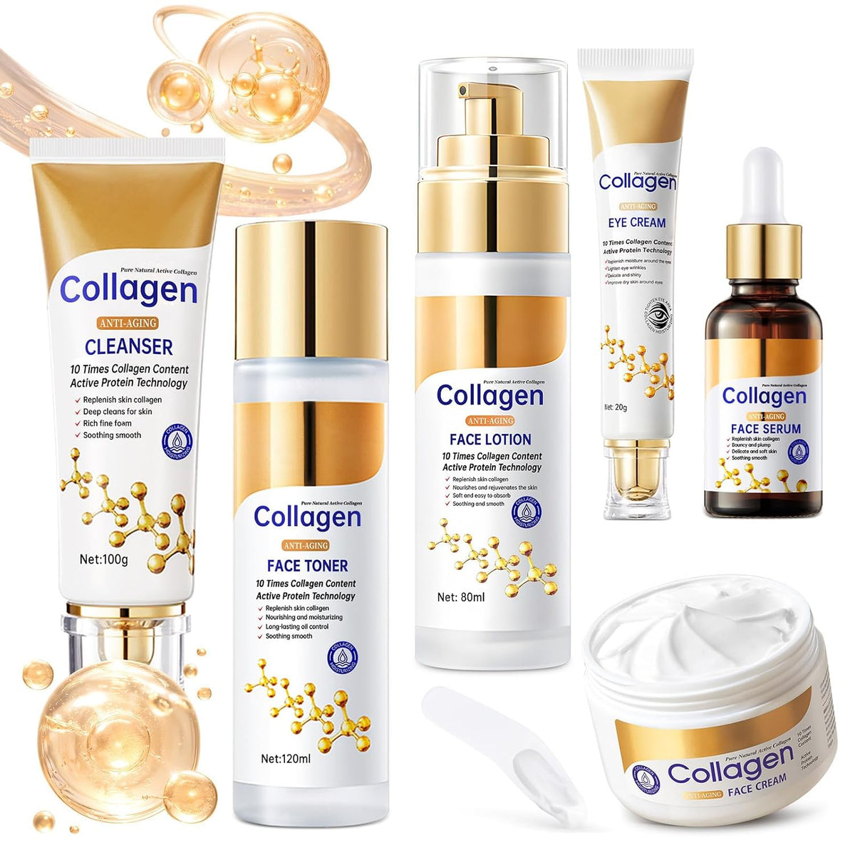 Collagen Skin Care Set, anti Aging Skincare Set for Face, Shrink Pores, Hydrate &amp; Firm Skin, 6 Pcs Individually Packaged Skincare Kits for Women with Cleanser, Toner, Lotion, Serum, Cream, Eye Cream.