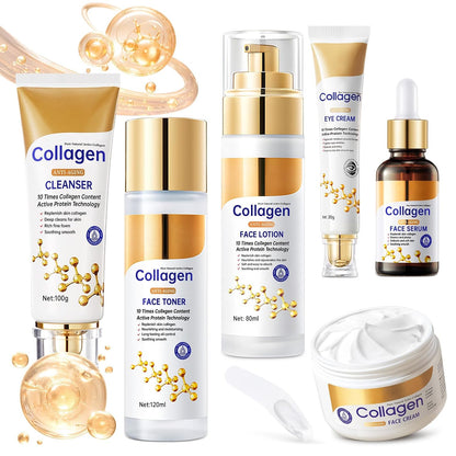 Collagen Skin Care Set, anti Aging Skincare Set for Face, Shrink Pores, Hydrate &amp; Firm Skin, 6 Pcs Individually Packaged Skincare Kits for Women with Cleanser, Toner, Lotion, Serum, Cream, Eye Cream.