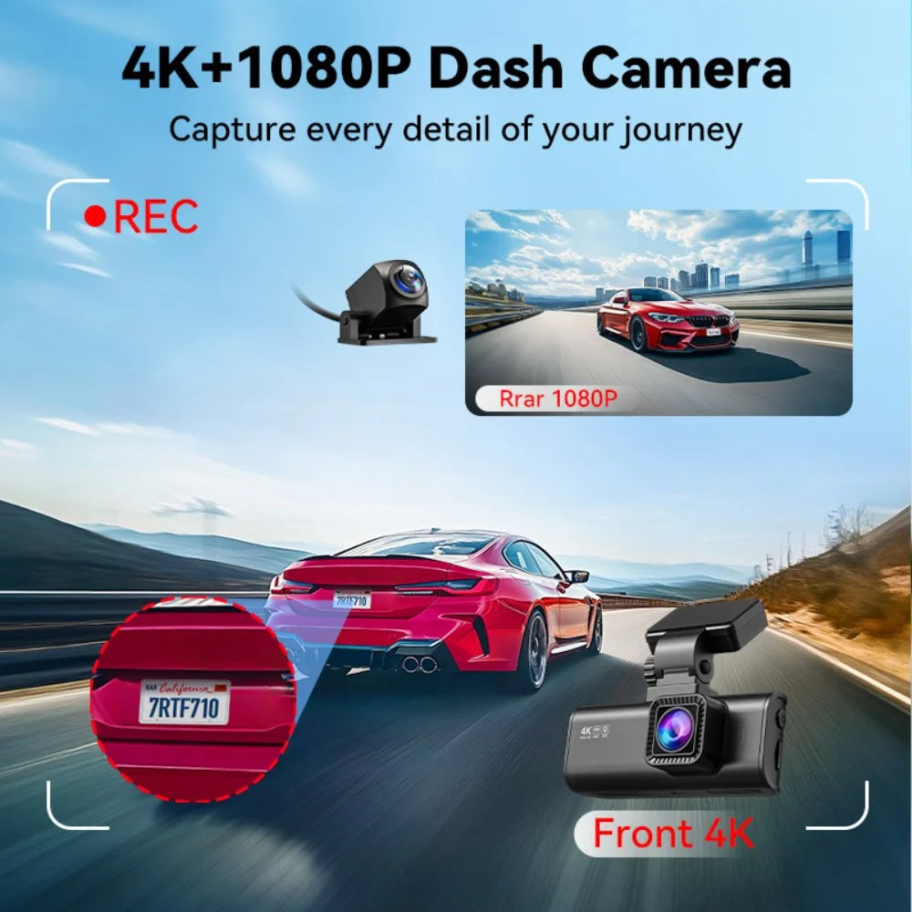 Dash Cam Front and Rear, Dash Cam 4K with Wifi &amp; GPS, 4K/2.5K Front+1080P Rear Dashcam, Dash Camera with Night Vision, 3.18&