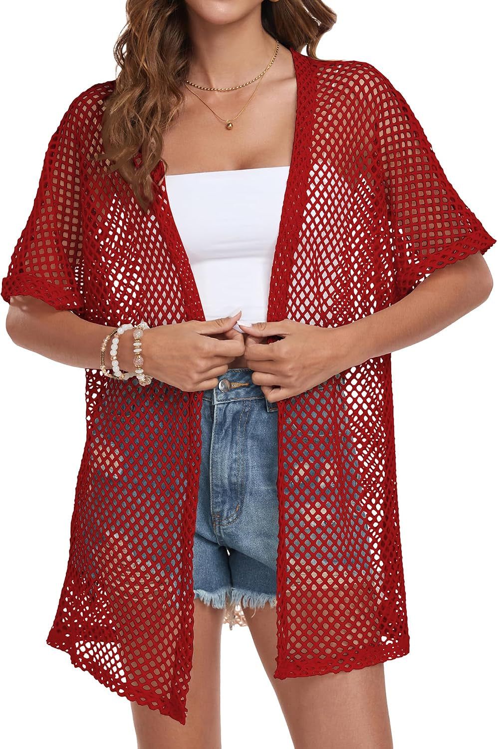 Women Swimsuit Coverup Crochet Beach Cover up Short Sleeve Kimono Cardigans