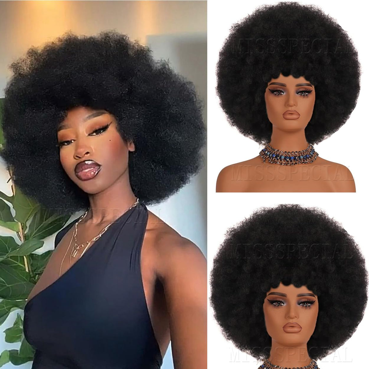 Afro Wig 70S Curly Wigs for Black Women Glueless Afro Wigs Large Bouncy and Soft Natural Looking Full Wigs Big Afro Puff Wig with Bangs Synthetic Hair Wig for Daily (1B