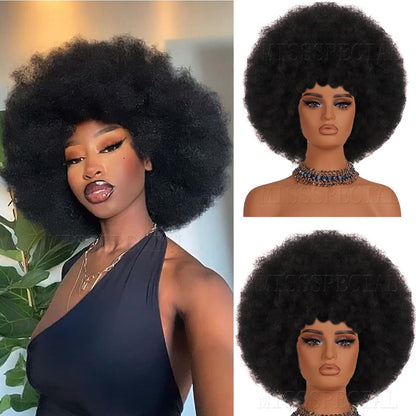Afro Wig 70S Curly Wigs for Black Women Glueless Afro Wigs Large Bouncy and Soft Natural Looking Full Wigs Big Afro Puff Wig with Bangs Synthetic Hair Wig for Daily (1B