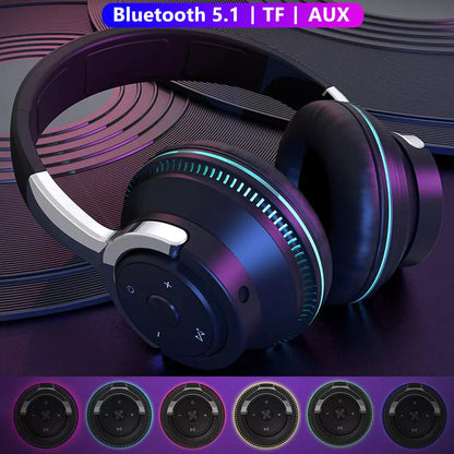 Wireless Bluetooth 5.1 Headphones over Ear LED Headset Stereo Noise Cancelling