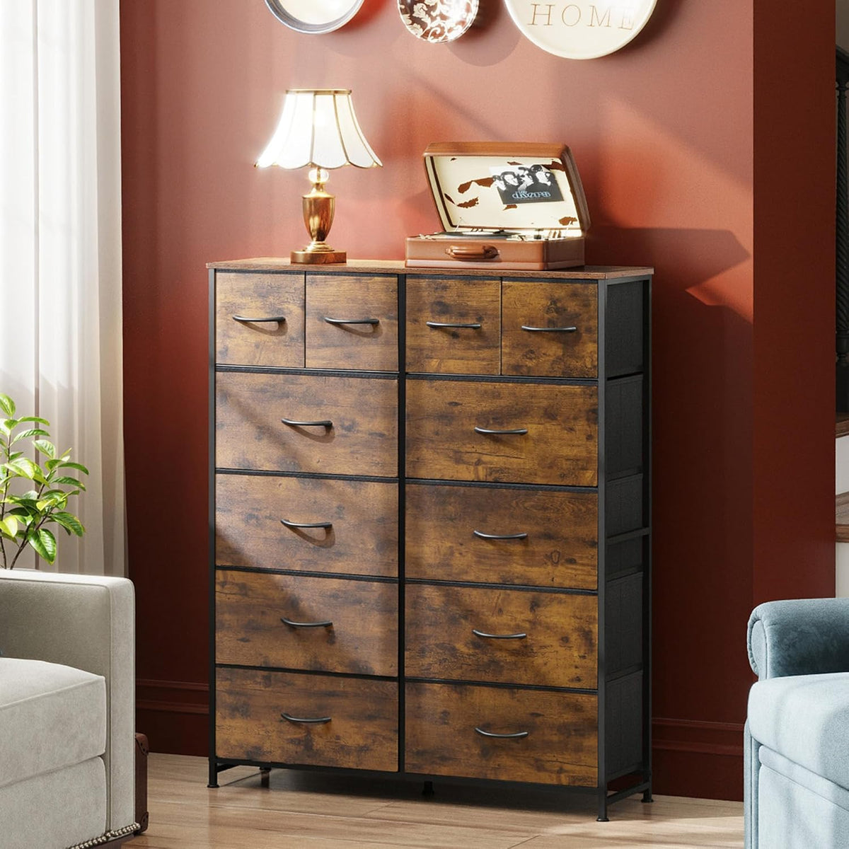 12 Drawer Tall Fabric Dresser Bedroom Storage Chest, Rustic Brown