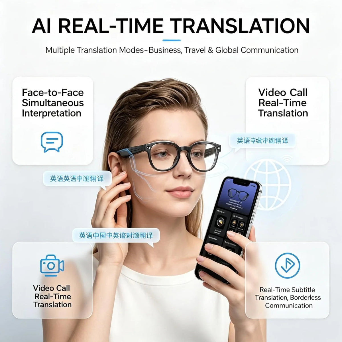 AI Smart Glasses Pink Transparent Frame 8MP Camera 1080P HD Video Recording