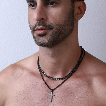 Layered Black Cross Necklaces for Men Stainless Steel Figaro Twist Rope Pendant Chain Set Religious Christian Stuff Accessories Birthday Christmas Jewelry Gifts Teen Boys Stocking Stuffers Kids