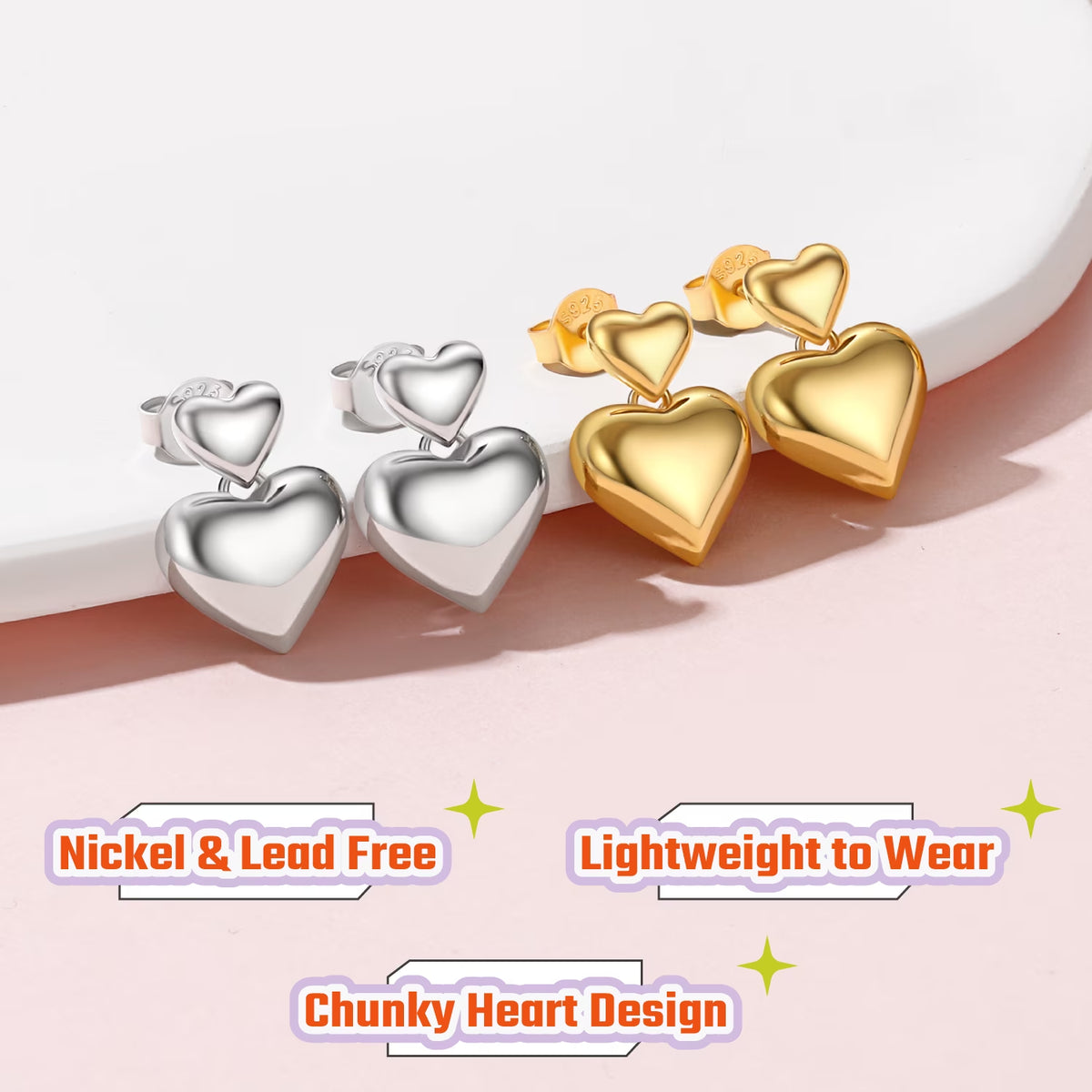 Heart Earrings for Women, Hypoallergenic 14K Gold Plated Heart Stud Earrings Jewelry Gifts for Birthday Graduation