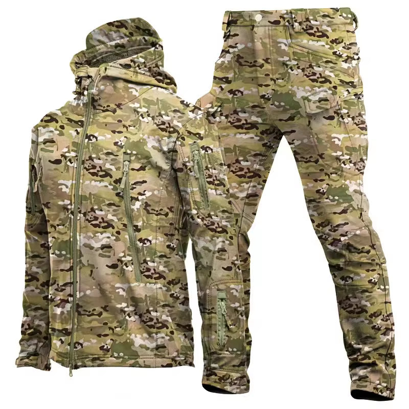 Winter Autumn Tactical Jackets Elastic Men Fleece Waterproof Suits Fishing Warm Hiking Camping Tracksuits Set Hood Coat S-5XL