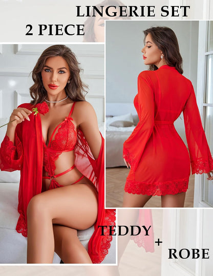 2 Piece Lingerie Set Lace Teddy Bodysuit with Mesh Kimono Robe