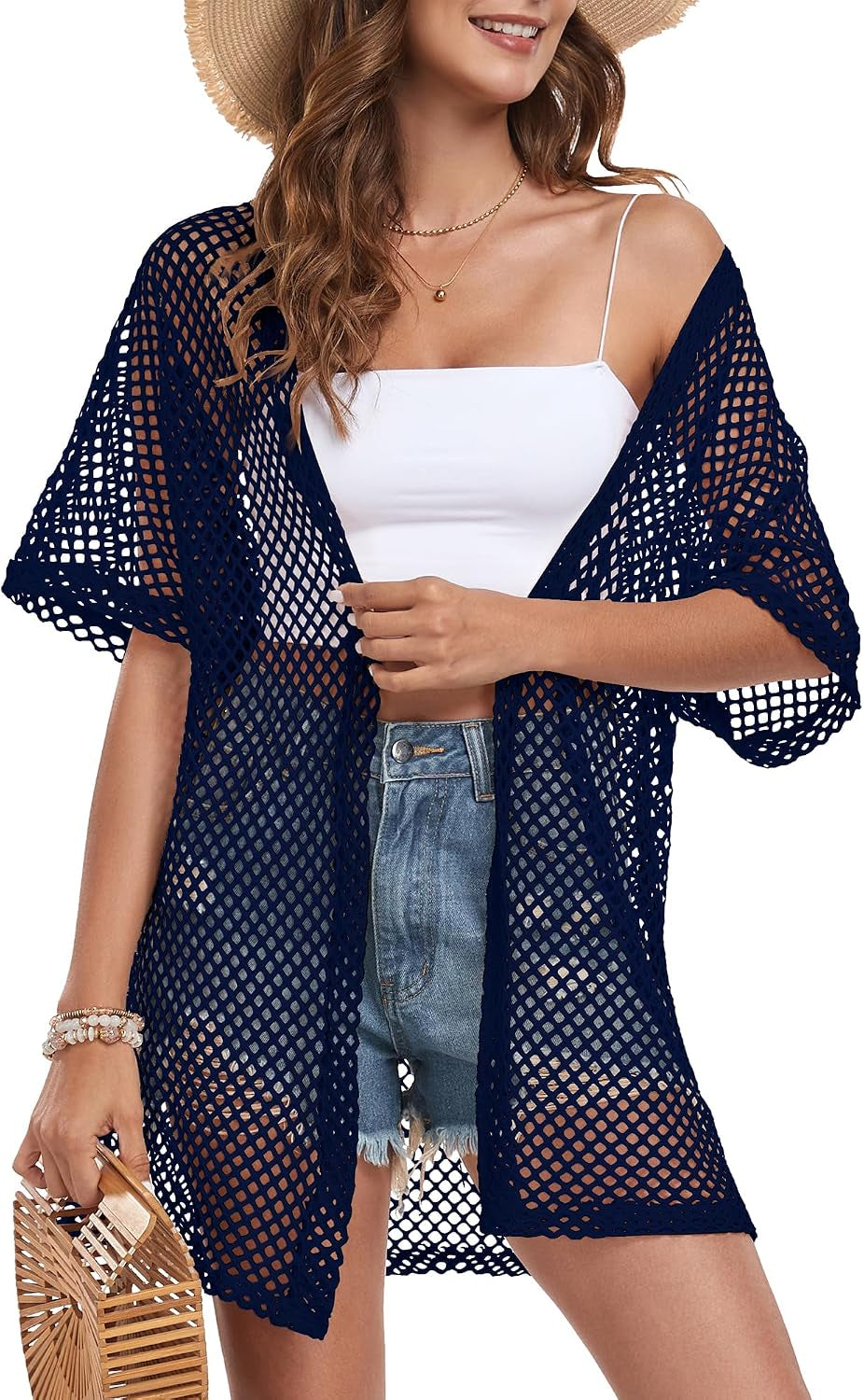 Women Swimsuit Coverup Crochet Beach Cover up Short Sleeve Kimono Cardigans