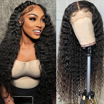 13X4 Lace Front Wig Human Hair - Brazilian Water Wave 26" Glueless Pre-Plucked Wig, 180 Density, Natural Black, Adjustable Straps &amp; 4 Combs, No Shedding, Can Be Dyed &amp; Styled