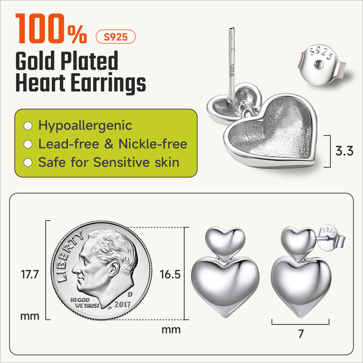 Hypoallergenic Heart Earrings for Women, Real 925 Sterling Silver Heart Stud Earrings Jewelry Gifts for Birthday Graduation