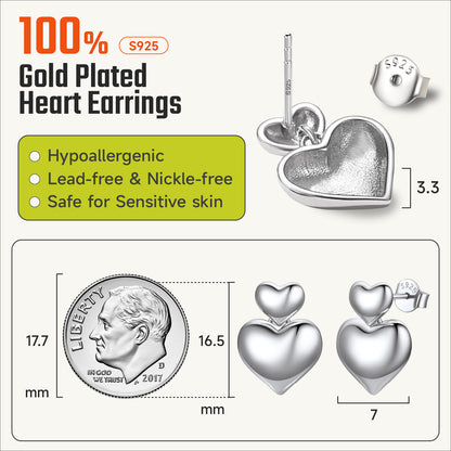 Hypoallergenic Heart Earrings for Women, Real 925 Sterling Silver Heart Stud Earrings Jewelry Gifts for Birthday Graduation
