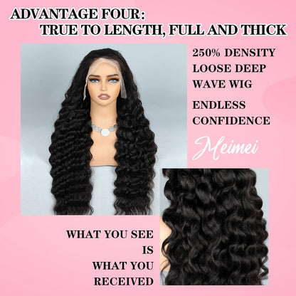 28 Inch 250% Density HD Lace Front Wigs Human Hair Loose Wave 100% Real Human Hair 15A Full 13X4 Large Lace Loose Deep Wave Wig Pre Plucked No Synthetic No Tangle No Shedding Triple Lifespan 3X