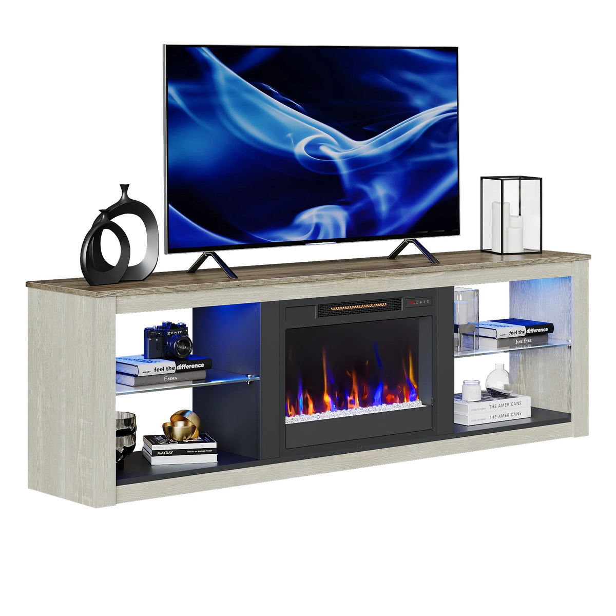 Electric Fireplace TV Stand for 75 Inch Tvs, Fireplace TV Stands for Living Room or Bedroom, LED Entertainment Center with Fireplace, RGB Ambient Lighting, Quick Assembly, Wash White