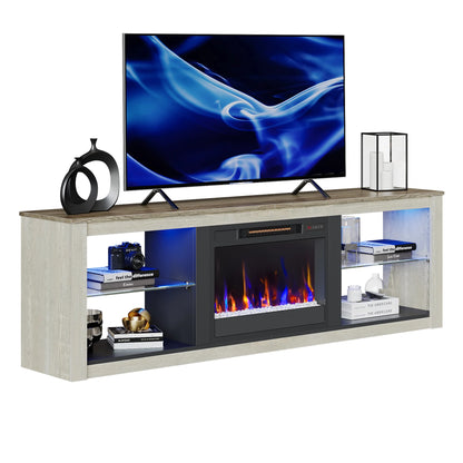 Electric Fireplace TV Stand for 75 Inch Tvs, Fireplace TV Stands for Living Room or Bedroom, LED Entertainment Center with Fireplace, RGB Ambient Lighting, Quick Assembly, Wash White