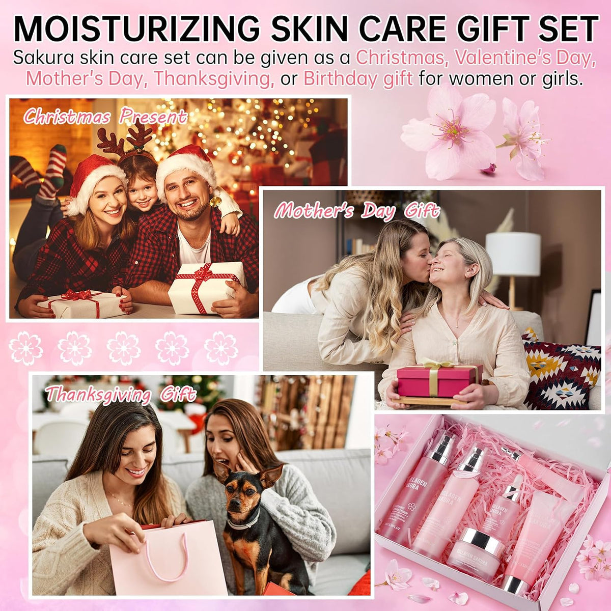 Collagen Sakura Skincare Gift Set, Cherry Blossom Skin Care Set for Teen Girls &amp; Women, Moisturizing &amp; Revitalizing Skin, 6Pcs Collagen Skin Care Routine Kits for Face, Korean Daily Skin Care