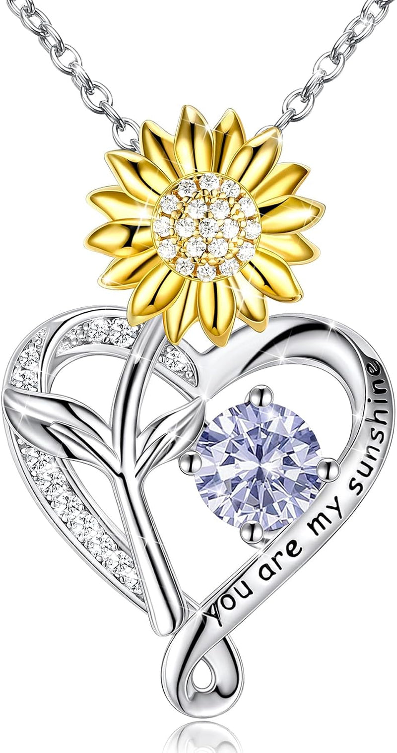 You Are My Sunshine Birthstone Sunflower Heart Pendant Necklace