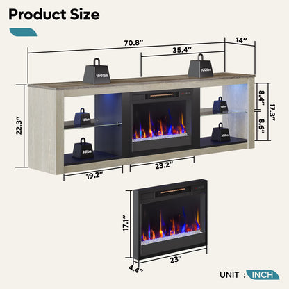 Electric Fireplace TV Stand for 75 Inch Tvs, Fireplace TV Stands for Living Room or Bedroom, LED Entertainment Center with Fireplace, RGB Ambient Lighting, Quick Assembly, Wash White