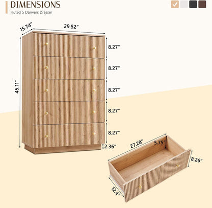 Fluted 5 Drawers Dresser for Bedroom, 45" Tall Modern Dressers &amp; Chest of Drawers with Metal Handle, Wood Closet Clothes Storage Organizer,Storage Dressers Organizer for Hally/Living Room, Natural