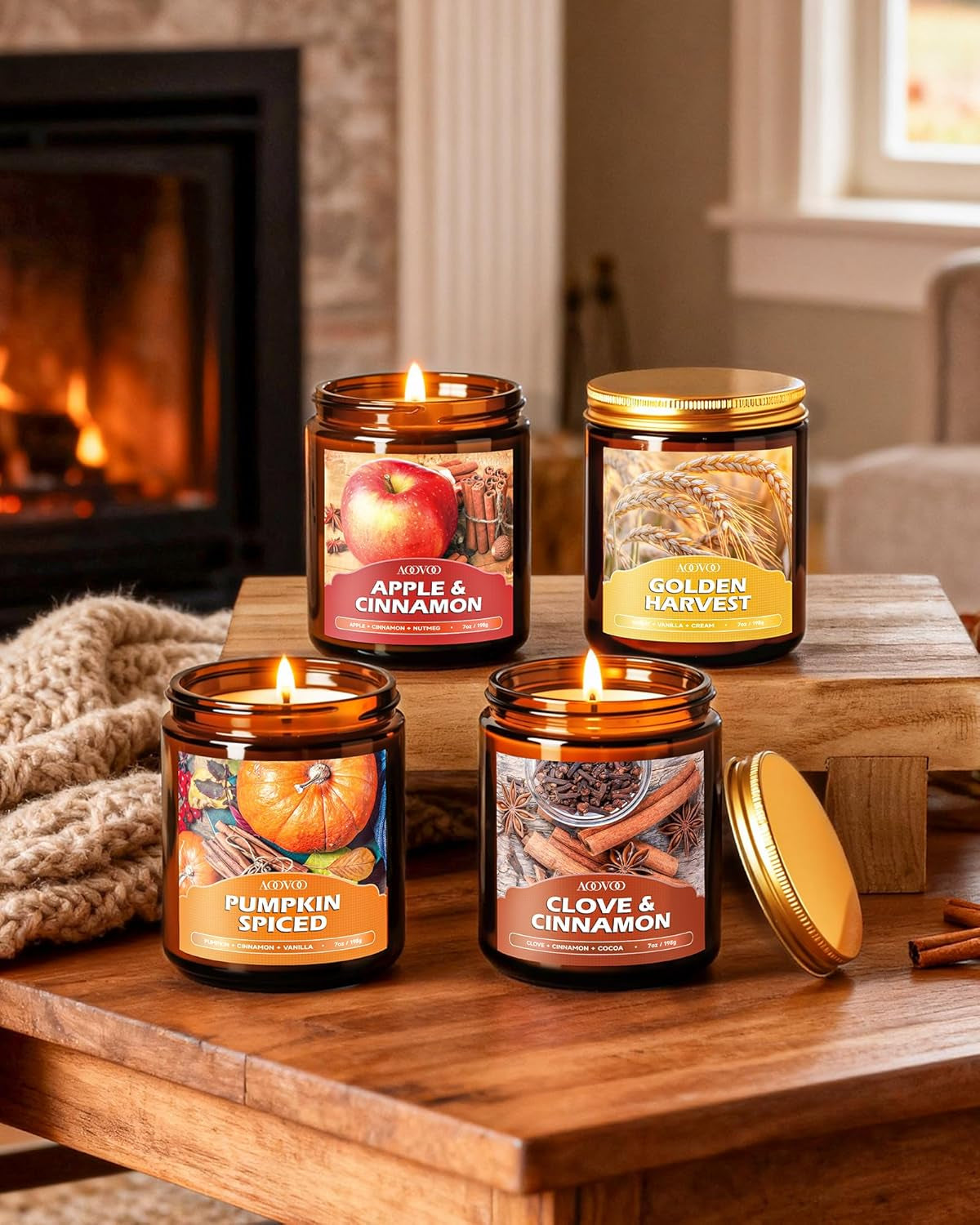 Fall Candles Set - 4 Pack Candles for Home Scented, 28 Oz Natural Soy Wax 200 Hour Long Lasting, Autumn Gifts Set for Women Men Fall Fragrance of Pumpkin/Apple Cinnamon/Clove/Wheat Vanilla