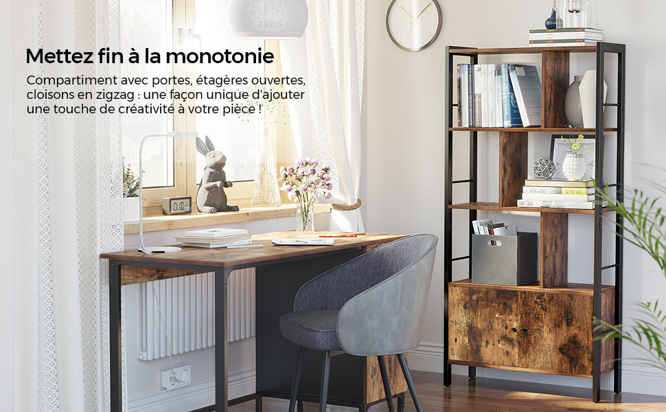 VASAGLE Bookshelf, Storage Shelf, Large Bookcase with Doors, 4 Shelves, Stable Steel Structure, Industrial Style