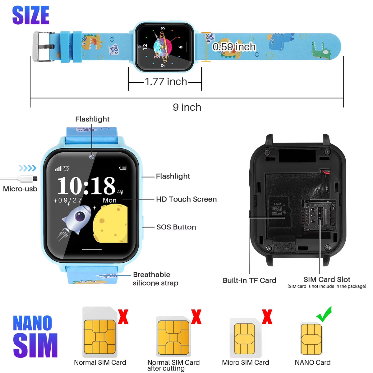 Kids Smart Watch Phone, HD Touch Screen Smartwatch with Music MP3 Player, Video Recorder, Camera, Games, SOS, (Build-In 1GB SD Card) Sport Wrist Watch for Age 3-14 Boys Girls Gifts (Blue)