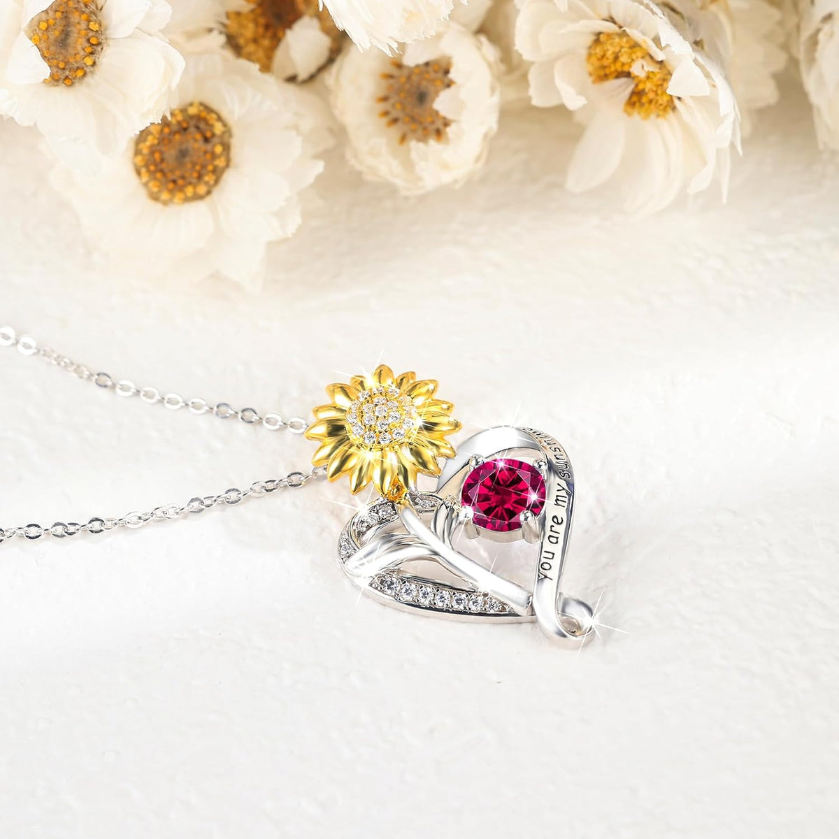 You Are My Sunshine Birthstone Sunflower Heart Pendant Necklace