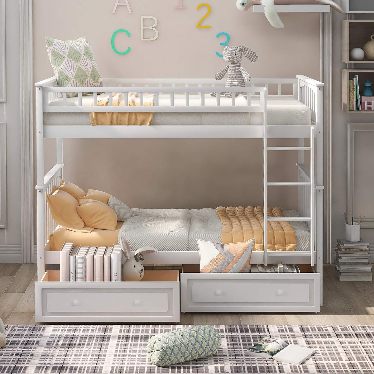 Boden Twin over Twin Bunk Bed with Drawers, Twin Bunk Beds, Convertible Platform Beds, Wooden Beds Frame with Storage Drawers, No Box Spring Needed, Space Saving for Small Apartment, White