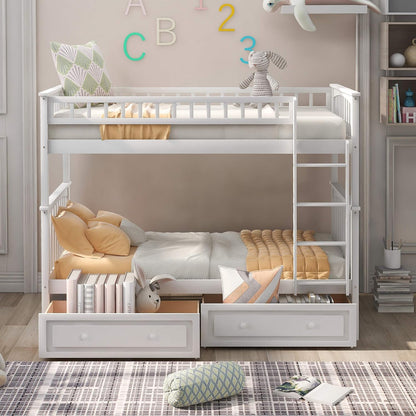 Boden Twin over Twin Bunk Bed with Drawers, Twin Bunk Beds, Convertible Platform Beds, Wooden Beds Frame with Storage Drawers, No Box Spring Needed, Space Saving for Small Apartment, White