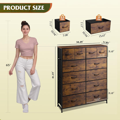 12 Drawer Tall Fabric Dresser Bedroom Storage Chest, Rustic Brown