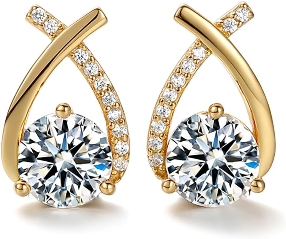 2Ct Moissanite Stud Earrings for Women, Earrings in Crossed Asymmetrical, Mermaid Tail Earrings, D Color VVS1 18K Gold Plated 925 Sterling Silver Hypoallergenic, round Cut Lab Created Diamond for Gift