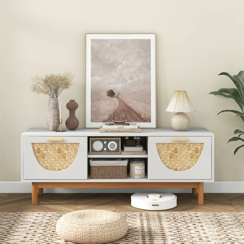 Mid Century Modern TV Stand Entertainment Center for 55-Inch TV with 2 Drawers and Bamboo Woven Fronts