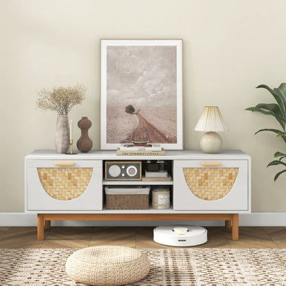 Mid Century Modern TV Stand Entertainment Center for 55-Inch TV with 2 Drawers and Bamboo Woven Fronts