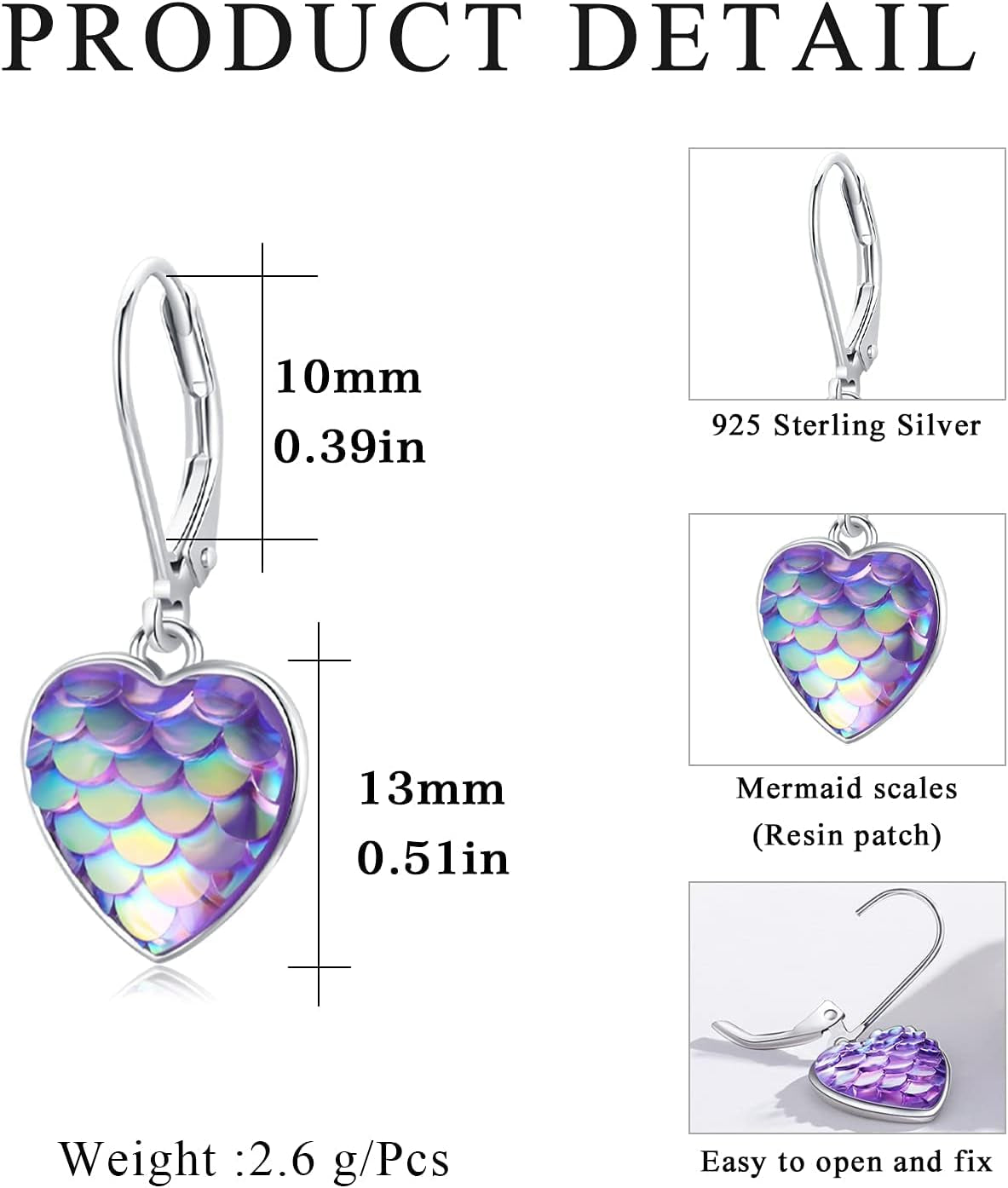 Sterling Silver Mermaid Heart Leverback Hoop Earrings - Hypoallergenic, Colorful, Mother&