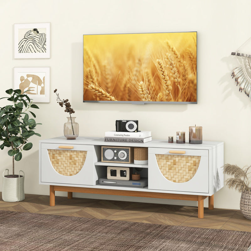 Mid Century Modern TV Stand Entertainment Center for 55-Inch TV with 2 Drawers and Bamboo Woven Fronts