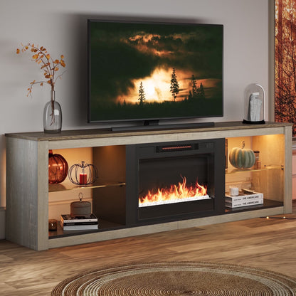 Electric Fireplace TV Stand for 75 Inch Tvs, Fireplace TV Stands for Living Room or Bedroom, LED Entertainment Center with Fireplace, RGB Ambient Lighting, Quick Assembly, Wash White
