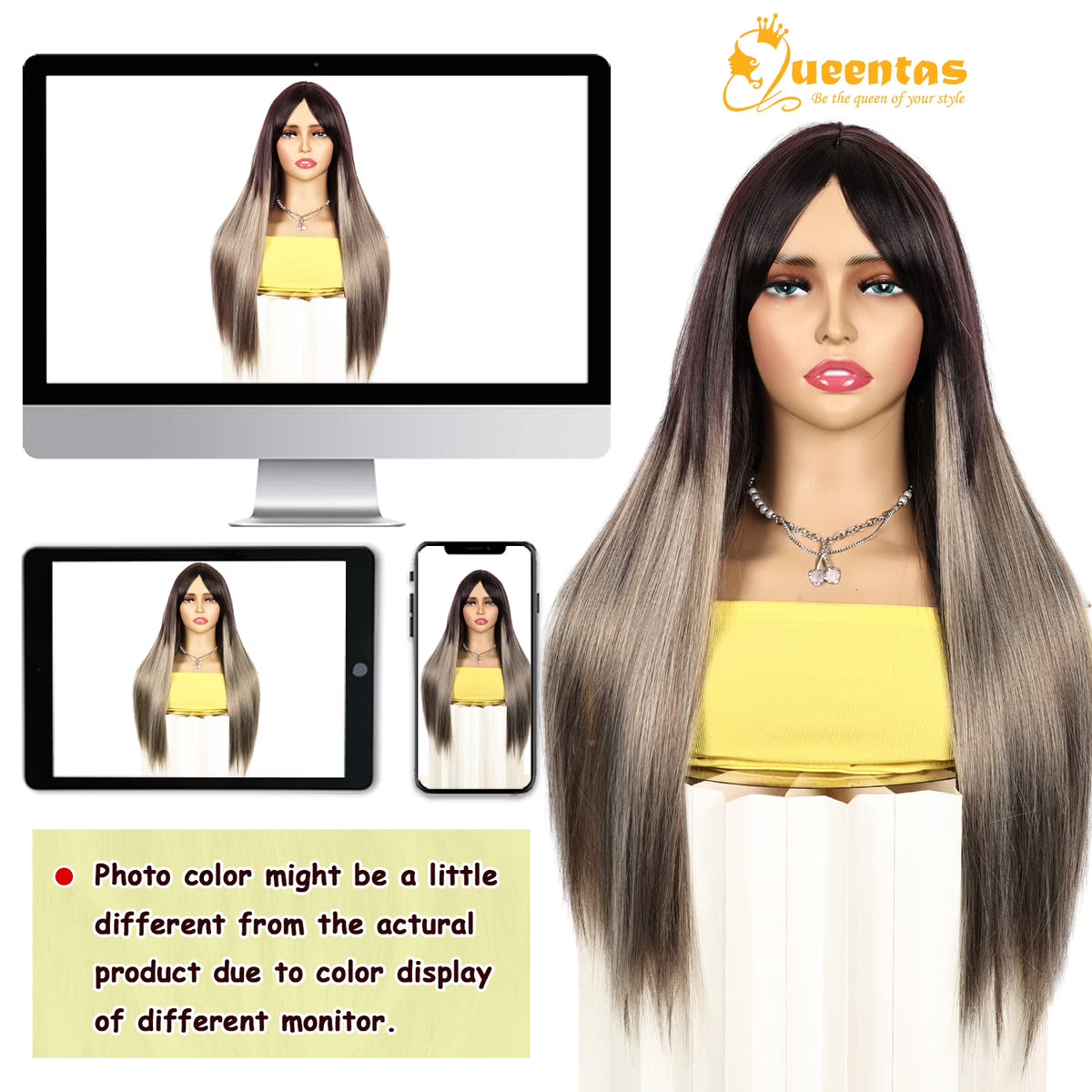 26" Grey Wigs for Women Synthetic Grey Wigs with Dark Root Straight Long Wigs with Bangs Glueless Wigs Purple Mix Grey