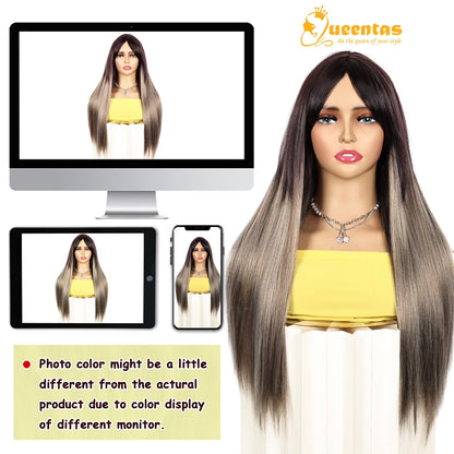 26" Grey Wigs for Women Synthetic Grey Wigs with Dark Root Straight Long Wigs with Bangs Glueless Wigs Purple Mix Grey