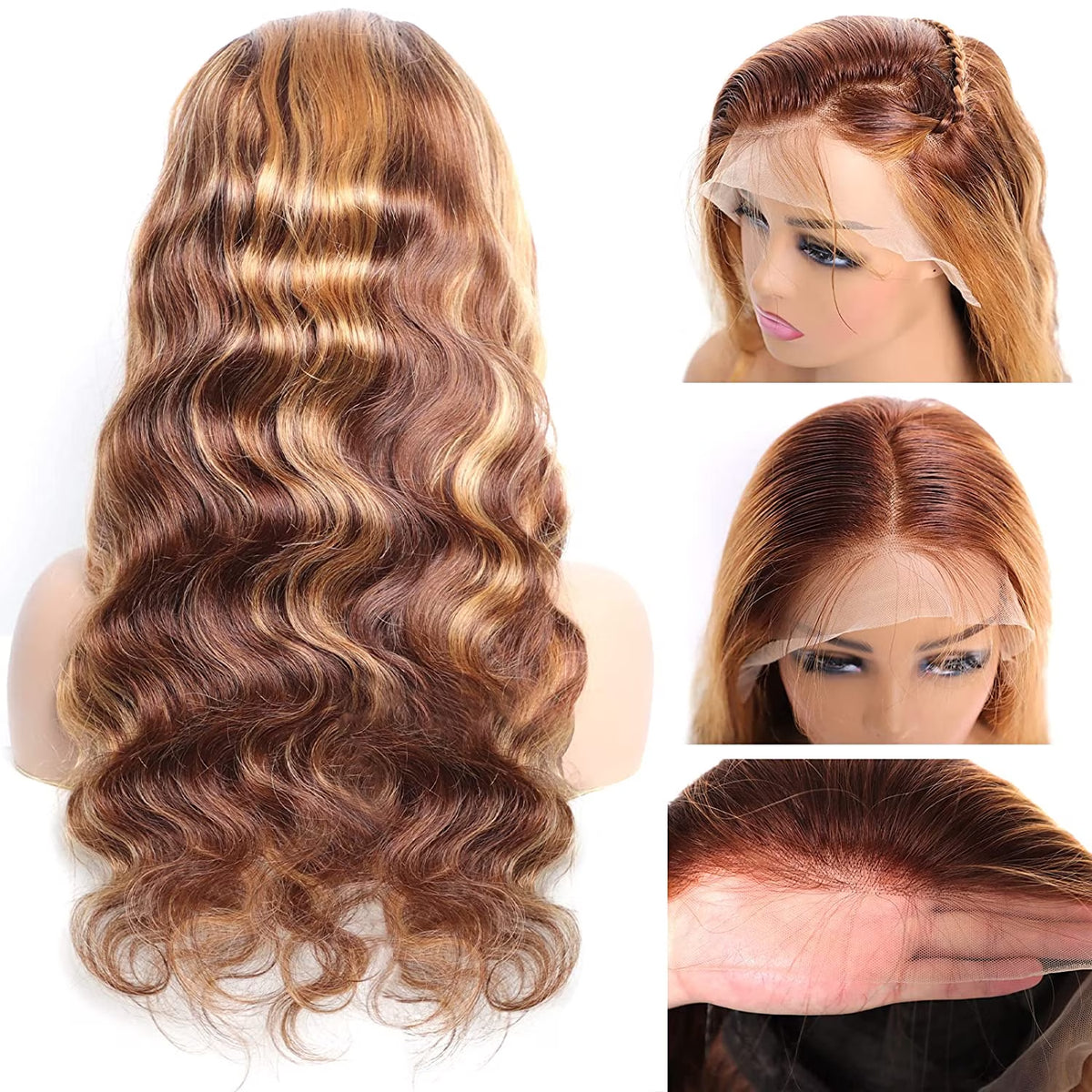 13X4 Highlight Ombre Lace Front Wig Human Hair Pre Plucked 4/27 Honey Blonde HD Transparent Colored Lace Frontal Wigs for Women with Baby Hair 180% Density Body Wave Lace Front Wig (24 Inch)