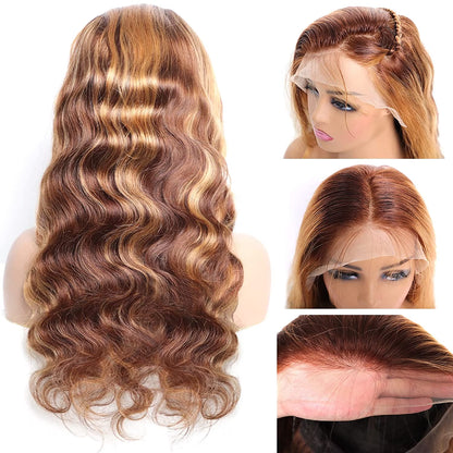 13X4 Highlight Ombre Lace Front Wig Human Hair Pre Plucked 4/27 Honey Blonde HD Transparent Colored Lace Frontal Wigs for Women with Baby Hair 180% Density Body Wave Lace Front Wig (24 Inch)