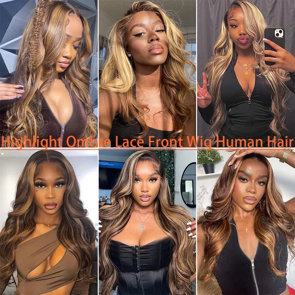 13X4 Highlight Ombre Lace Front Wig Human Hair Pre Plucked 4/27 Honey Blonde HD Transparent Colored Lace Frontal Wigs for Women with Baby Hair 180% Density Body Wave Lace Front Wig (24 Inch)